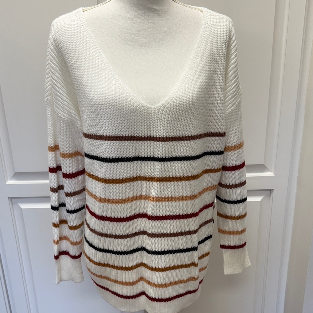 Striped V-Neck Sweater - White, Black, Red, Gold